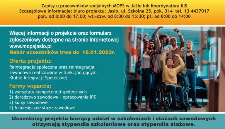 MOPS w Jaśle zaprasza do udziału w II edycji projektu „Aktywni już dziś”