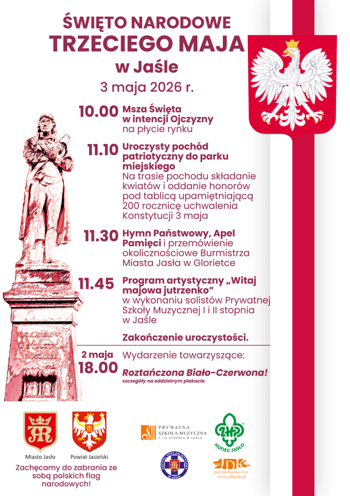 Jasielskie obchody Święta Narodowego Trzeciego Maja w patriotycznym i tanecznym wydaniu